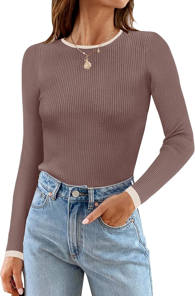 ZESICA Women's Long Sleeve Crewneck Shirts 2026 Fall Ribbed Knit Sweater Slim Fitted Casual Basic Tee Tops