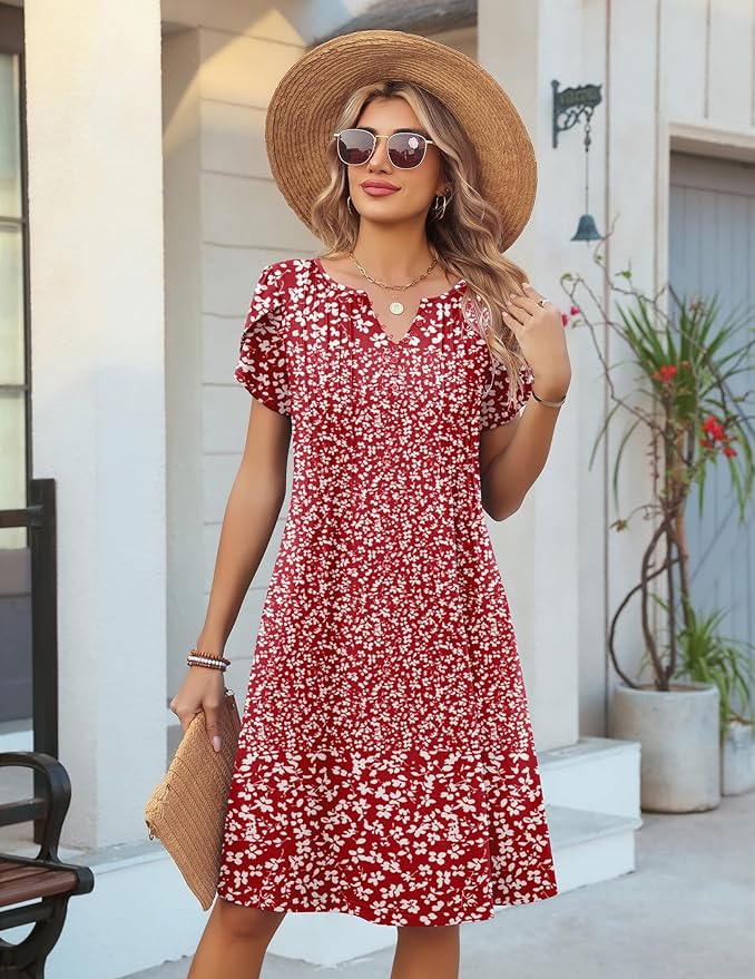 Zeagoo Women's Casual Dresses with Pockets Summer Floral V-Neck A-Line Tshirt Dress Short Sleeve Mini Dress Beach Sundress