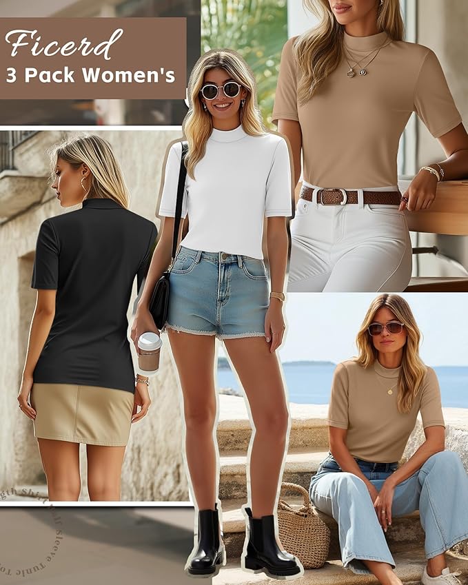 Ficerd 3 Pack Women's 1/2 Sleeve Mock Turtleneck Shirts, Elbow Length Shirt Half Sleeve Tunic Top Casual Summer Basic Tees