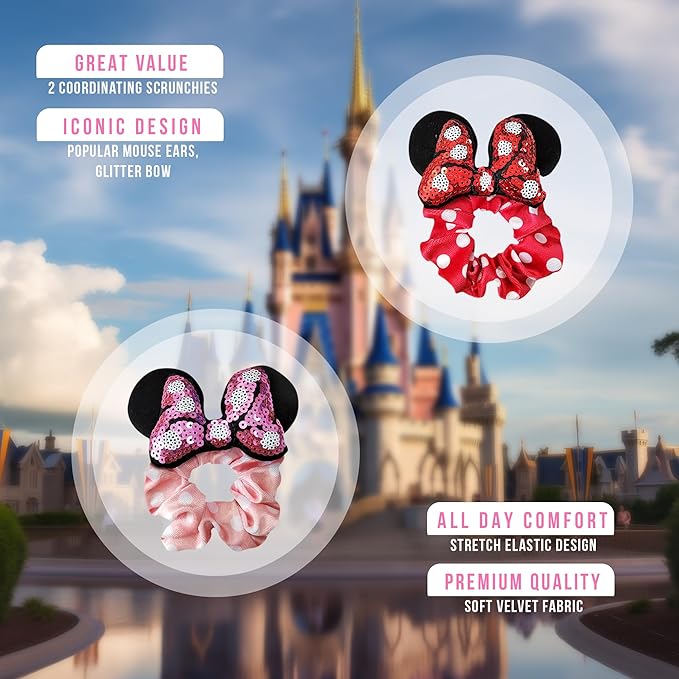 Styla Hair 2pk Mouse Ears Scrunchies, Velvet Hair Bow Scrunchies for Women - Sparkle Sequins Mouse Hair Bands for Pony Tail, Pink Red