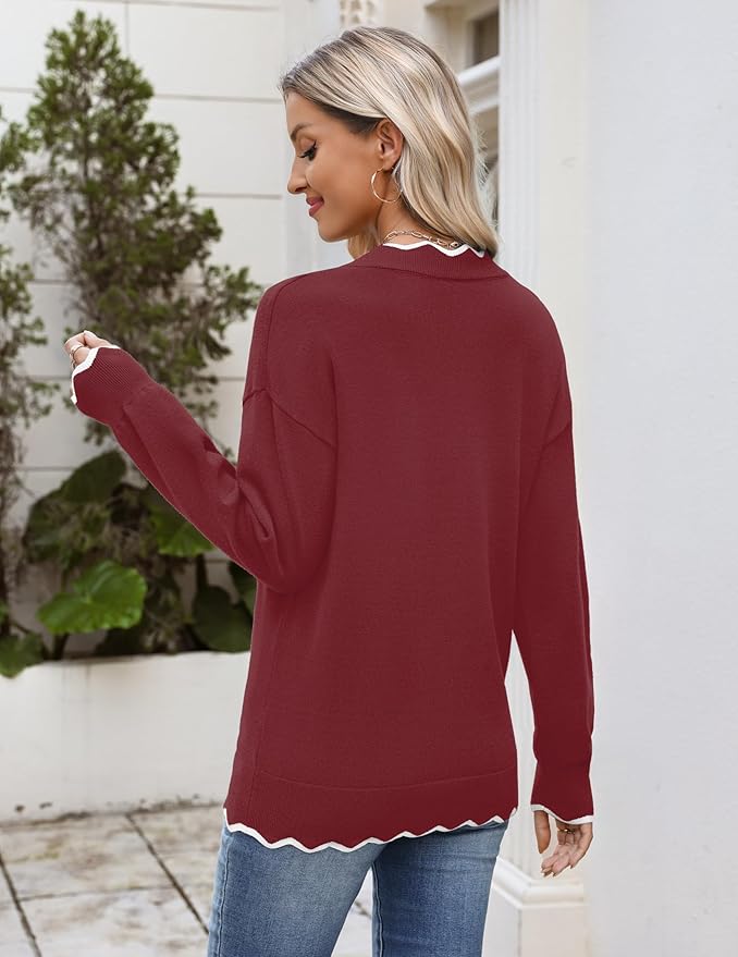 Zeagoo Women's 2026 Fall V Neck Sweater Casual Long Sleeve Lightweight Ribbed Knit Pullover Sweaters Dressy Casual Tops