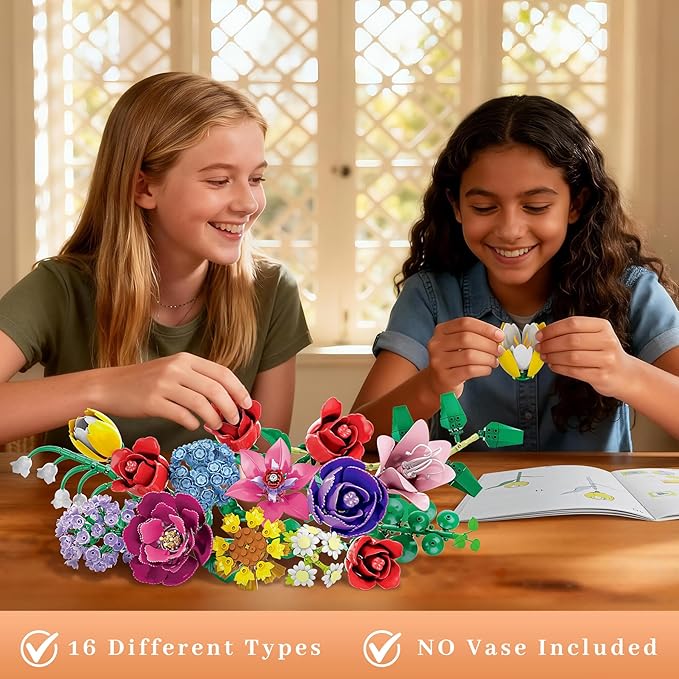 Loyratche Flower Bouquet Building Set, Compatible with Lego Flowers, 16 Flowers Rose Building Block, Artificial Flowers Botanical Collection Building Block Toy Plant Home Decor, Gift for Her (907 PCS)
