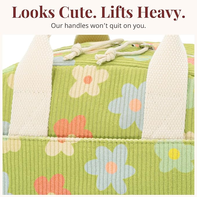 Insulated Floral Green Lunch Bag for Women, Corduroy Tote with Aluminum Lining, Large Capacity Reusable Cooler for Work, Travel, Beach or Picnic, Floral Pattern Water-Resistant Lunch Box