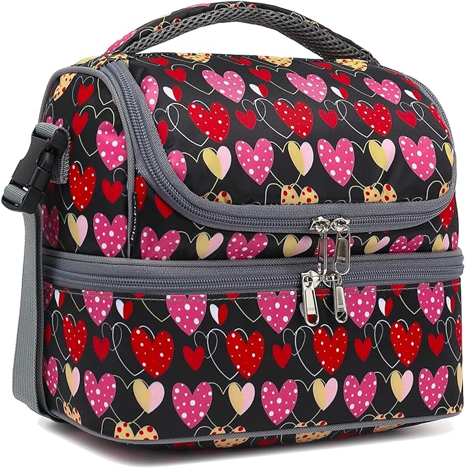 FlowFly Double Decker Cooler Insulated Lunch Bag Large Tote for Boys, Girls, Men, Women, With Adjustable Strap,Heart