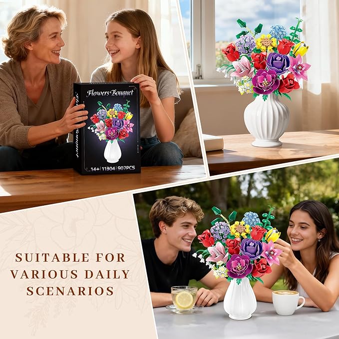 Loyratche Flower Bouquet Building Set, Compatible with Lego Flowers, 16 Flowers Rose Building Block, Artificial Flowers Botanical Collection Building Block Toy Plant Home Decor, Gift for Her (907 PCS)
