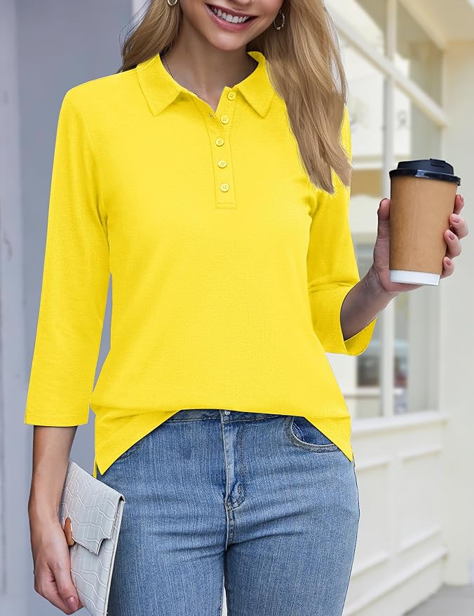 YUCOLEN Polo Shirts for Women 3/4 Sleeve Tops Golf Tees 5-Button Collared Cotton Shirt Business Casual