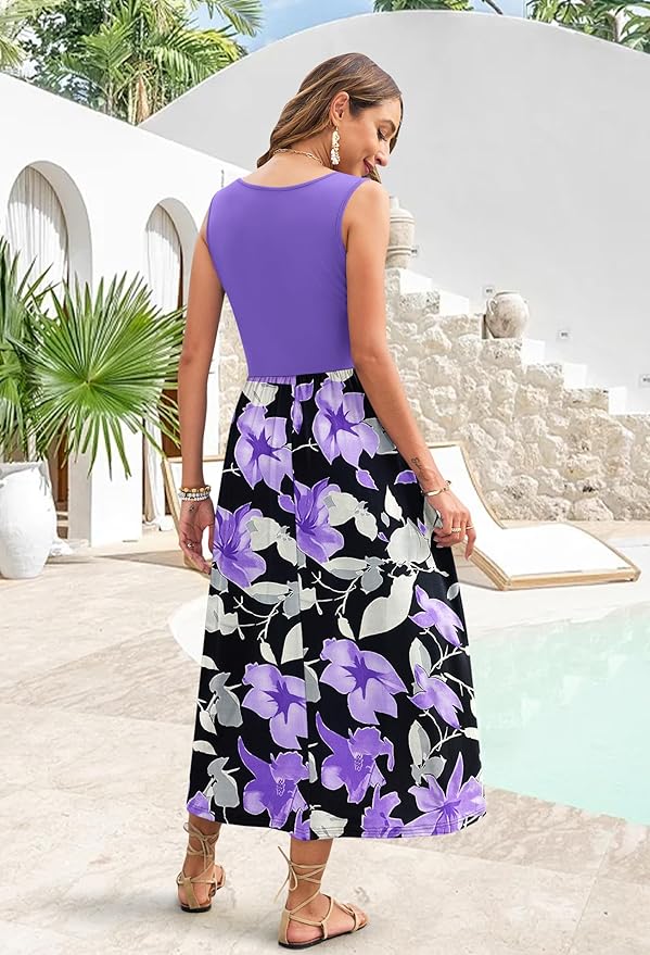 WNEEDU Women's Summer Maxi Dress 2026 Casual Sleeveless Hawaiian Sundress Tropical Long Dress Beach Vacation Outfit