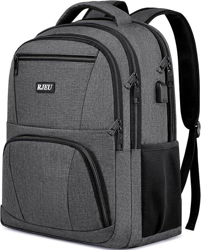 RJEU School Backpack for College Students & Teens - 15.6 Inch Laptop Backpack with USB Charging Port, Ergonomic Shoulder Straps, Water Resistant Travel Bookbag for Men, Women - Grey