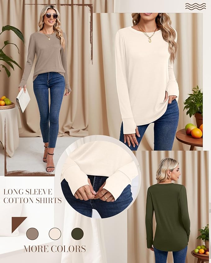Huukeay 3 Pack Women's Long Sleeve Shirts with Thumb Holes, Cotton Casual Crew Neck Tunic Tops Fall Loose Y2k Trendy Outfits
