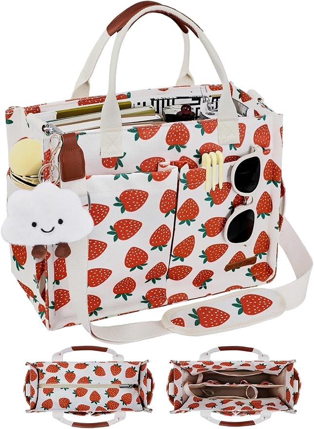 BESBESME Canvas Tote Bag for Women with Zipper & Compartments– Large Work & College Laptop Tote Crossbody Shoulder Bag