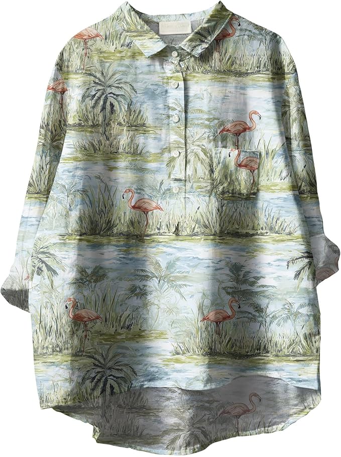 Womens Boho Tops 3/4 Long Sleeve Floral Blouses Hawaii Beach Button Down Shirts V Neck Pullover Casual Tunics