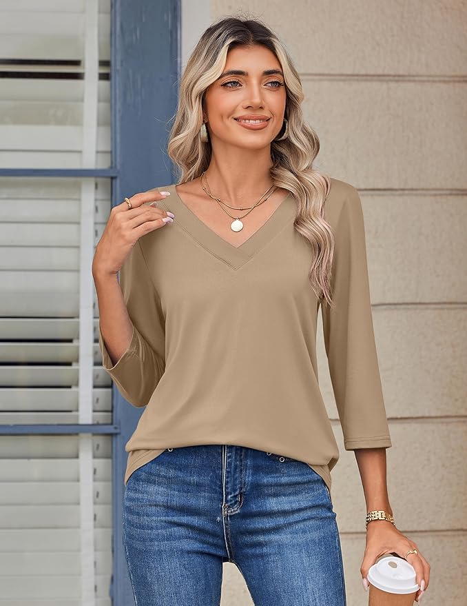 Zeagoo 3/4 Length Sleeve Womens Tops V Neck Shirt Dressy Casual Blouse Basic Tshirts 2026 Fashion Clothing S-2XL