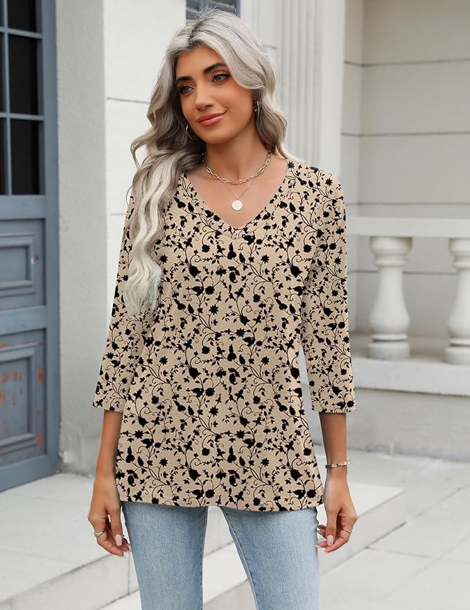 Zeagoo 3/4 Length Sleeve Womens Tops Casual V Neck Shirts Soft Basic Tees Business Work Blouses