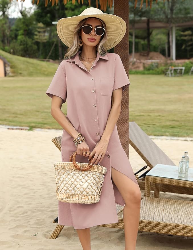 HOTOUCH Womens Dress Summer Casual Midi Short Sleeve Button Down Shirt Dresses Loose Beach Cover Up with Pockets