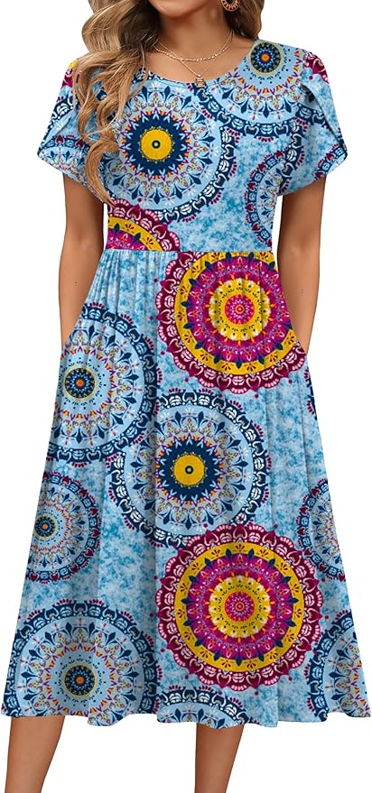 HOTOUCH Women's Summer A-Line Midi Dresses 2026 Casual Floral Short Sleeve T-Shirt Dress Flowy Beach Sundress with Pockets