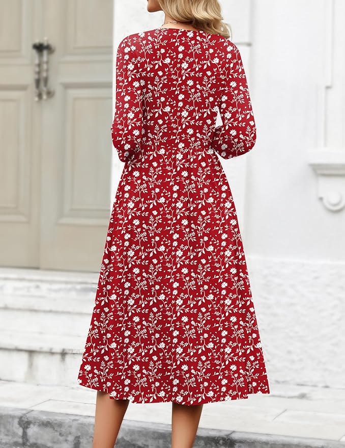 Zeagoo 3/4 Sleeve Women's Dress Casual Flowy A-Line Midi Tshirt Dresses with Pockets Crewneck Vocation Boho Beach Sundress