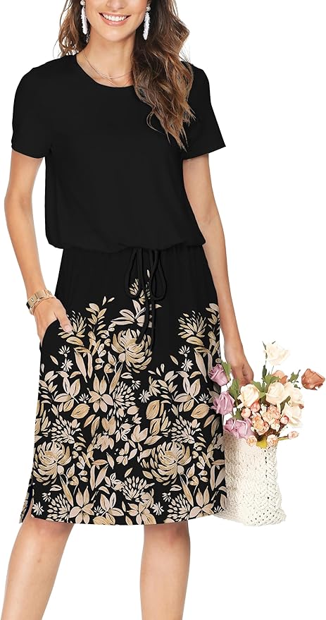 Simier Fariry Womens Spring Hide Belly Knee Length Travel Dress Pocket Summer Short Sleeve Midi Work Casual Outfits