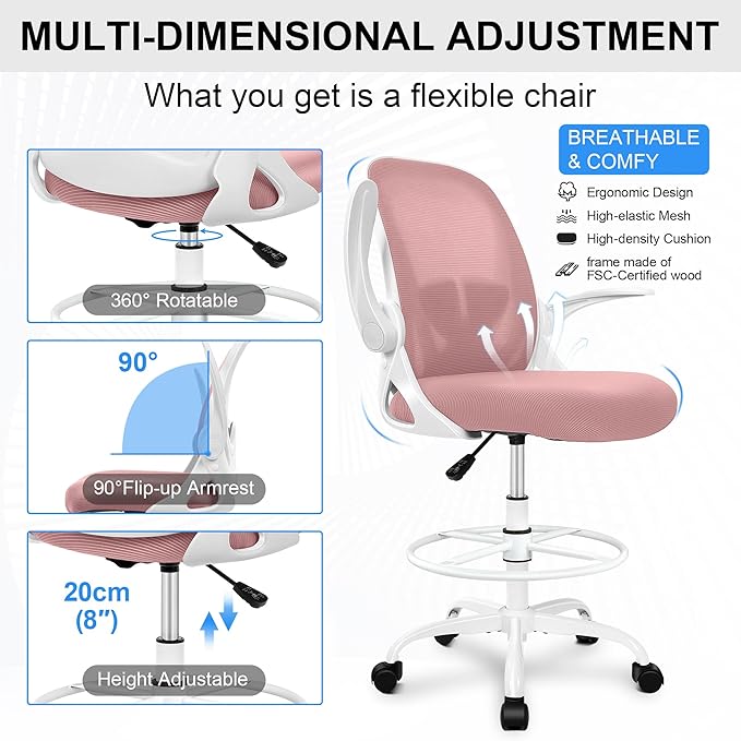 Primy Drafting Chair Tall Office Chair with Flip-up Armrests Executive Ergonomic Computer Standing Desk Chair with Lumbar Support and Adjustable Footrest Ring (Rose Quartz)