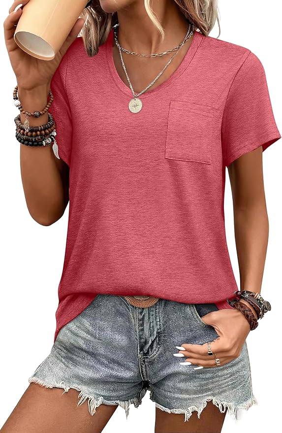 WIHOLL Women Summer T Shirts Short Sleeve Rounded V Neck Pocket Tee Tops