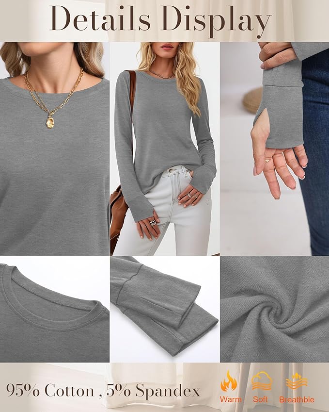 Huukeay 3 Pack Women's Long Sleeve Shirts with Thumb Holes, Cotton Casual Crew Neck Tunic Tops Fall Loose Y2k Trendy Outfits