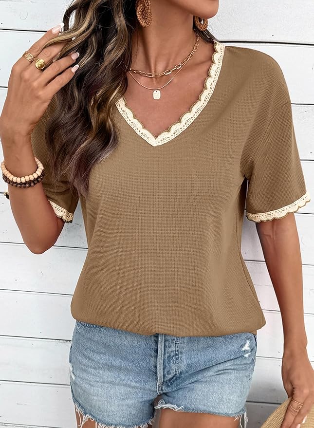 Dokotoo Womens Summer Tops Casual Short Sleeve Lace T-Shirts Solid V Neck Waffle Knit Shirts Blouses