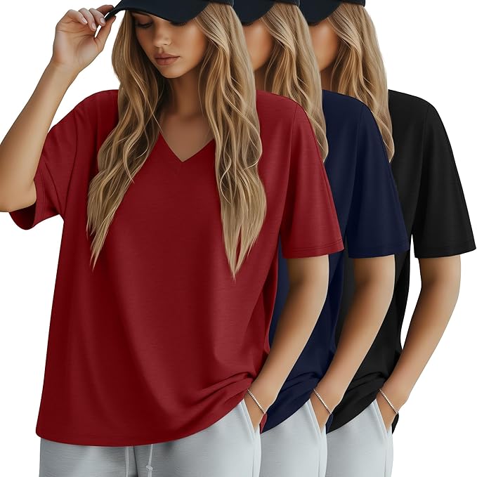 Huukeay Women's Cotton Oversized T Shirts 3 Pack V Neck Loose Fit Half Sleeve Tops Baggy Casual Summer Gym Workout Tees 2026