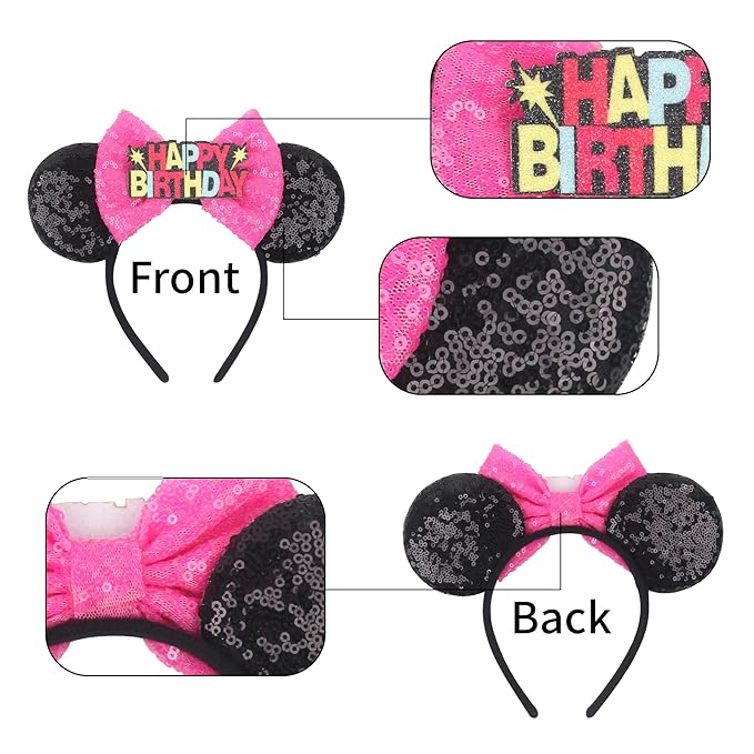 bianbaistar Mouse Ears Headband for Women, Girls & Boys - Velvet Hair Bow Headwear with Sparkle Sequins & Big Ears - Black, Pink - Trip Essentials