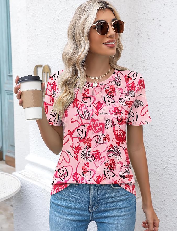 Kistore Womens Casual Crew Neck Short Sleeve Pleated Tops Blouses Fashion Clothes 2026