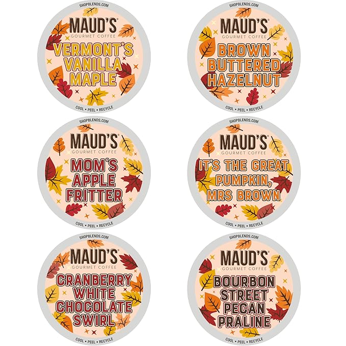 Maud's Fall Flavored Coffee Pods Variety Pack, 42ct, 6 Assorted Flavors, Medium Roast Coffee in Recyclable Single Serve Pods – 100% Arabica Beans, Compatible with Keurig K Cups Maker