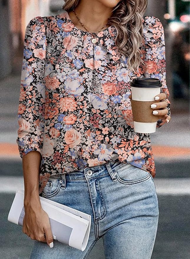 Samefar Womens Tops Dressy Casual Pleated Crew Neck Long Sleeve Shirts Office Work Chiffon Blouses