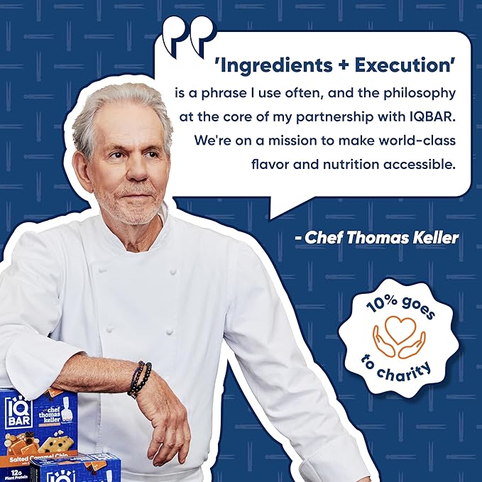 IQBAR x Chef Thomas Keller - Brain and Body Plant Protein Bars - Salted Caramel Chip - 12-Count, Low Carb, High Fiber, Gluten Free, Vegan Snacks - Low Sugar High Protein - Low Calorie Keto Energy Bars