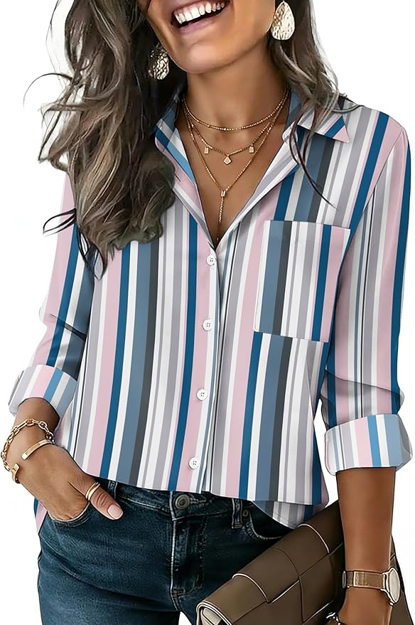 HOTOUCH Button Down Shirts for Women Long Sleeve Blouse Dressy Casual Business Work Tops with Pocket