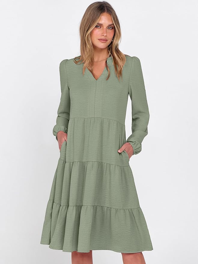 ANRABESS Womens Fall Midi Dresses Long Sleeve V Neck Swing Tiered Work Business Casual 2026 Flowy Beach Vacation Dress