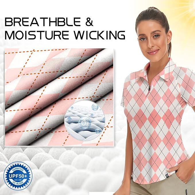 Women's Golf Shirt Short Sleeve Tennis Shirt Quarter Zip Golf Pullover Golf Polo Shirts Argyle Tops