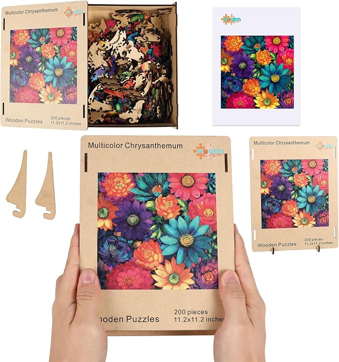 MEATRN Multicolor Chrysanthemum Wooden Puzzles for Adults 500 Pcs, 15.9x15.9 in, Fun Educational Wood Puzzle, Handmade Decorative Gift, Relaxing Wood Puzzle Game for Family
