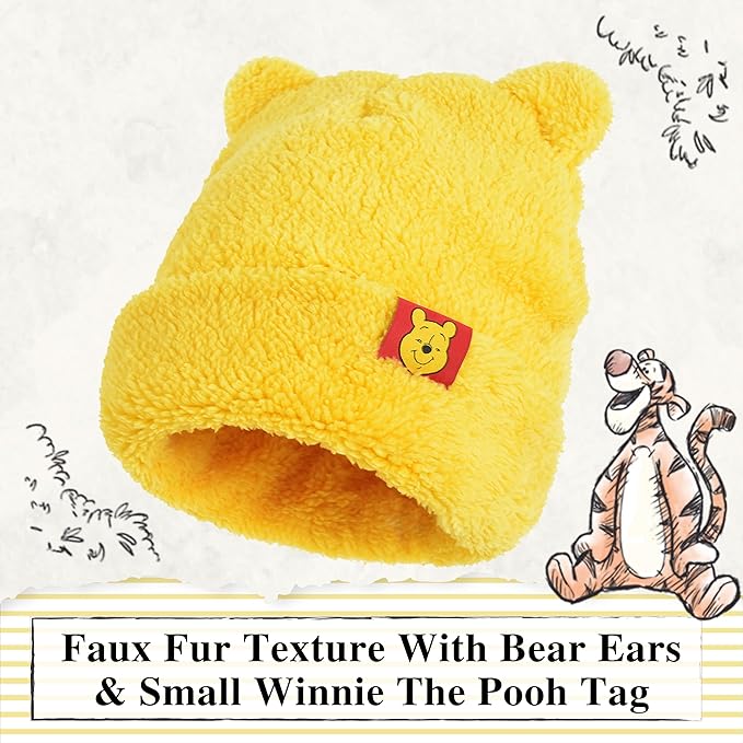 Disney Winnie The Pooh Beanie Hat, Winter Knit Cap with 3D Ears, Yellow