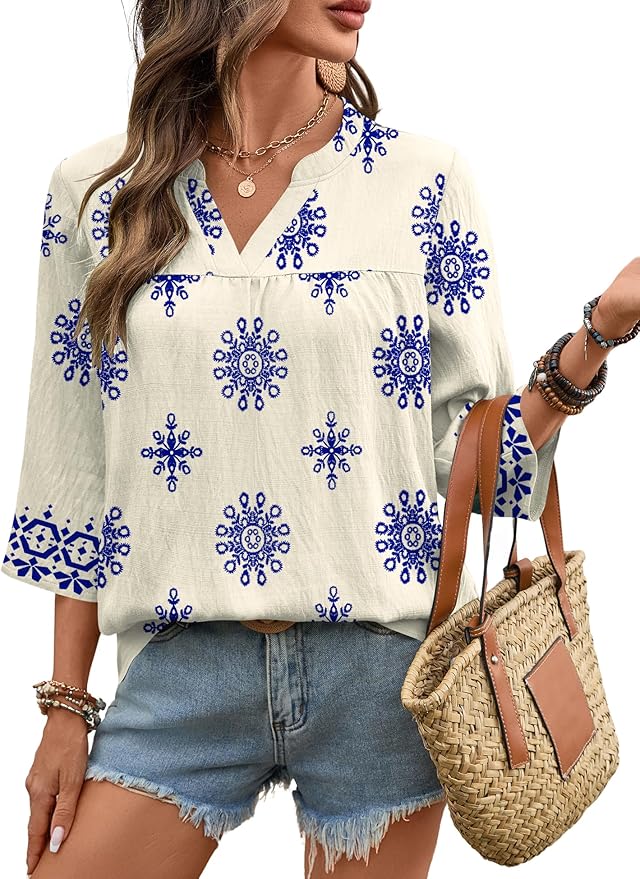 Rapbin Womens 3/4 Sleeve V Neck Floral Print Pleated Blouses for Women Dressy Casual Loose Fit Tops