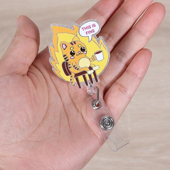 This is Fine Cute Cat Badge Reel, Retractable ID Card Funny Badge Holder with Alligator Clip, Name Tag Badge Buddy for Nurse Doctor Nursing Student Teacher Office Worker Police Social Worker Gifts