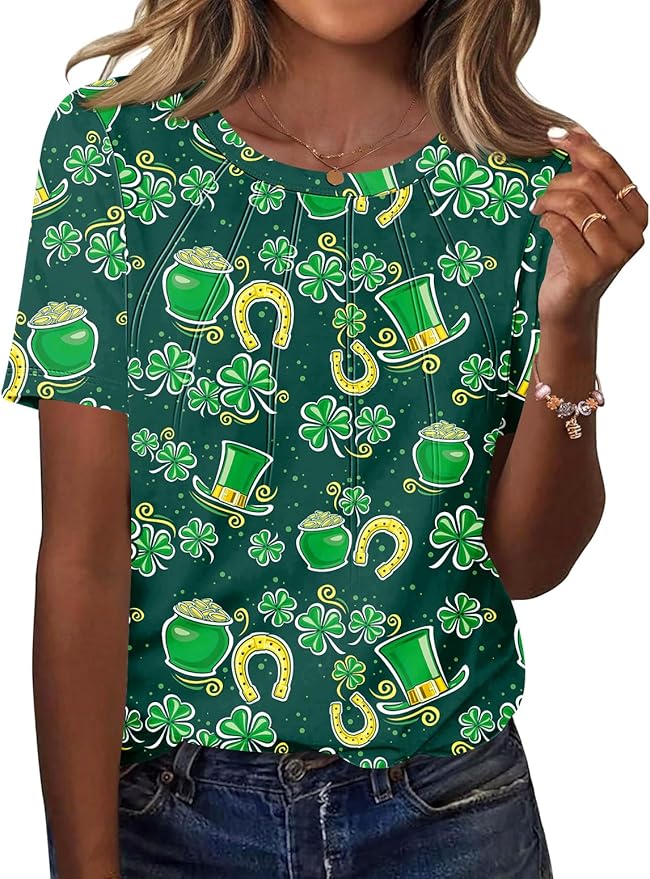 Kistore Womens Casual Crew Neck Short Sleeve Pleated Tops Blouses Fashion Clothes 2026