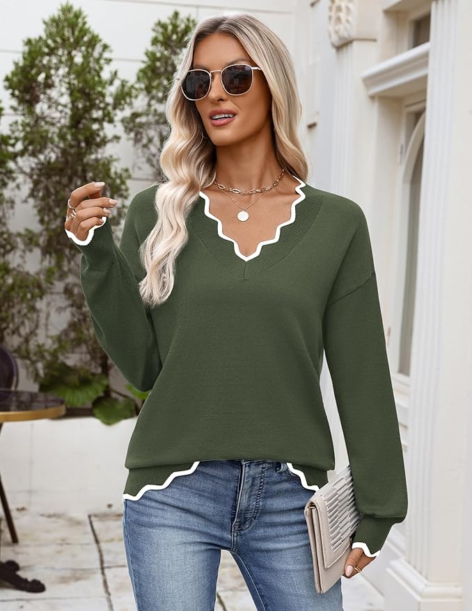 Zeagoo Women's 2026 Fall V Neck Sweater Casual Long Sleeve Lightweight Ribbed Knit Pullover Sweaters Dressy Casual Tops