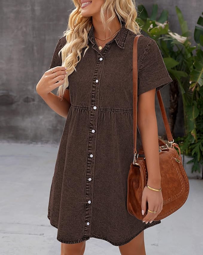 LookbookStore Women's Short Sleeve Button Down Flowy Tiered Babydoll Denim Dress