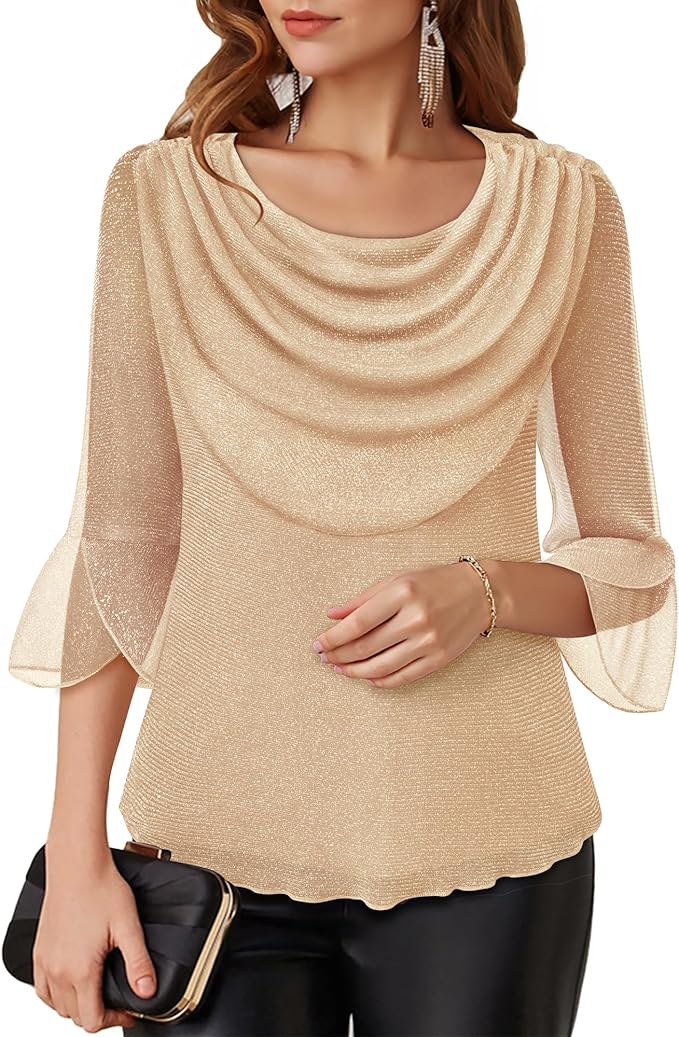 Lotusmile Blouses for Women Dressy Casual 3/4 Sleeve Cowl Neck Sparkly Tops Cocktail Shirts for Evening Party
