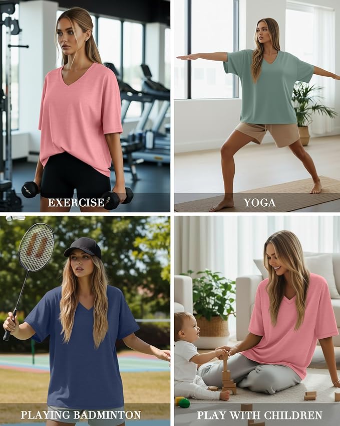 Huukeay Women's Cotton Oversized T Shirts 3 Pack V Neck Loose Fit Half Sleeve Tops Baggy Casual Summer Gym Workout Tees 2026