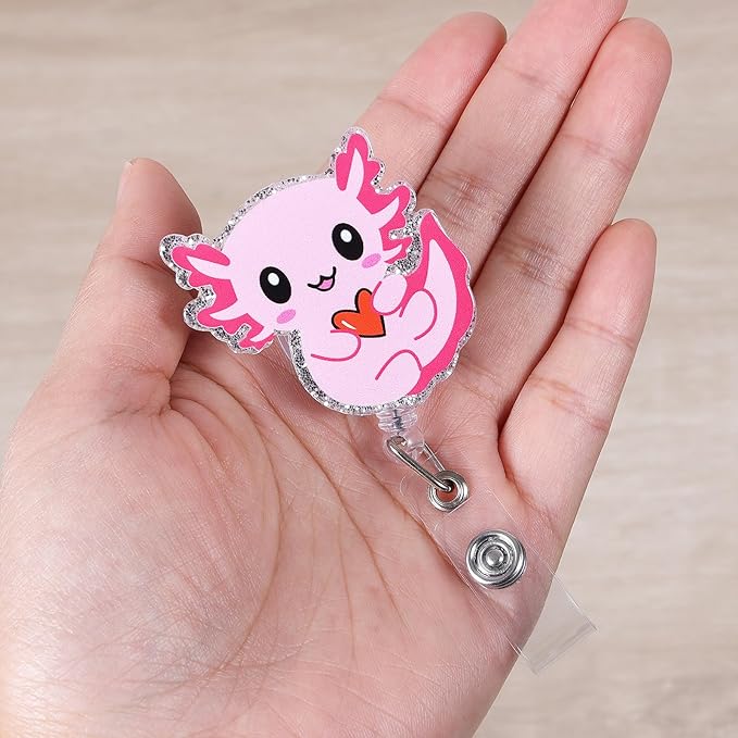 Cute Axolotl Badge Reel, Pink Retractable ID Card Badge Holder, Name Tag Work Badge Clip for NICU RN LPN CNA MA ER Night Shift Nurse Nursing Student Pediatric Doctor Teacher Librarian, Nurse Gifts