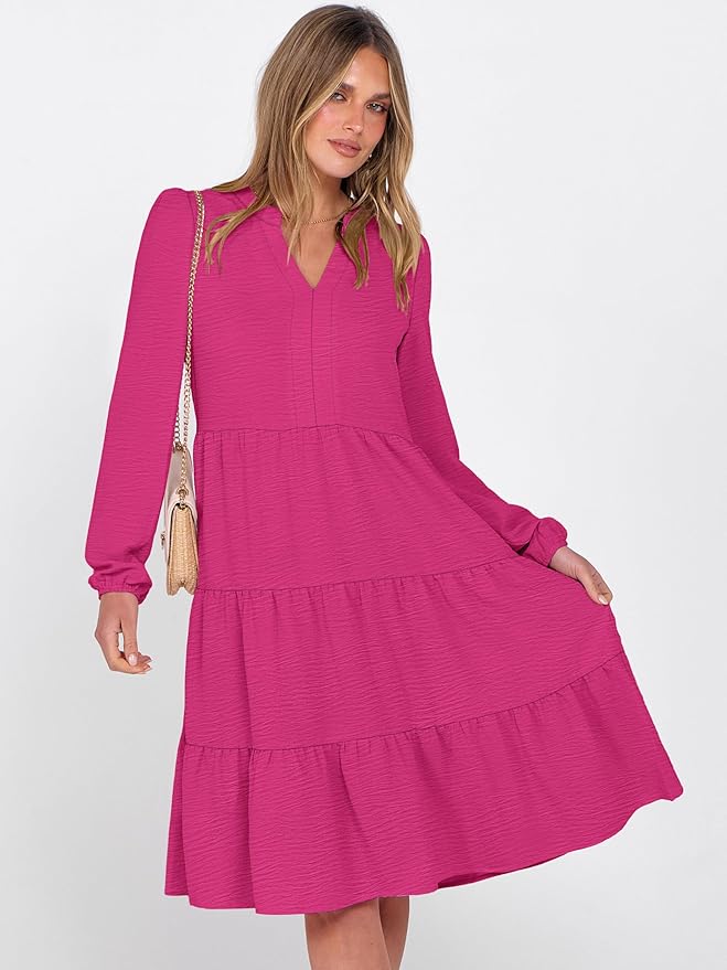 ANRABESS Womens Fall Midi Dresses Long Sleeve V Neck Swing Tiered Work Business Casual 2026 Flowy Beach Vacation Dress