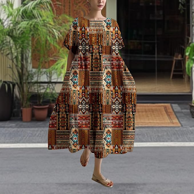 MARSVOVO Patchwork Flowy Dresses for Women Plus Size Loose Casual Tunic Dress Elegant Crewneck Maxi Dresses with Pockets