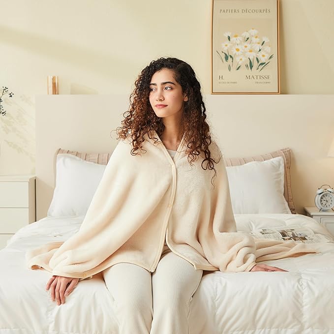Mellowdy Shawl Blanket Pillow 2-in-1 with Sleeves for Office, Work, Home (Pearled Ivory, 40x60) - Wearable Adult Snuggie Coat Poncho, Airplane Travel Set, Fleece Shoulder Wrap for Men and Women
