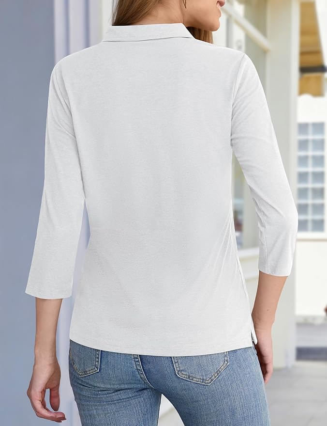 YUCOLEN Polo Shirts for Women 3/4 Sleeve Tops Golf Tees 5-Button Collared Cotton Shirt Business Casual