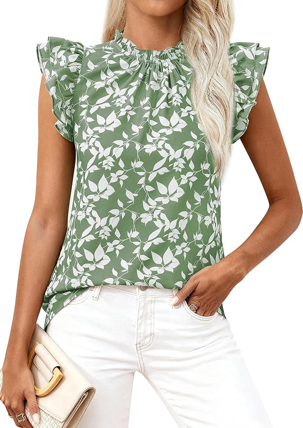 PRETTYGARDEN Women's Ruffle Short Sleeve Summer Tops 2026 Trendy Floral Trim Neck Casual Dressy Chiffon Boho Blouses Shirts