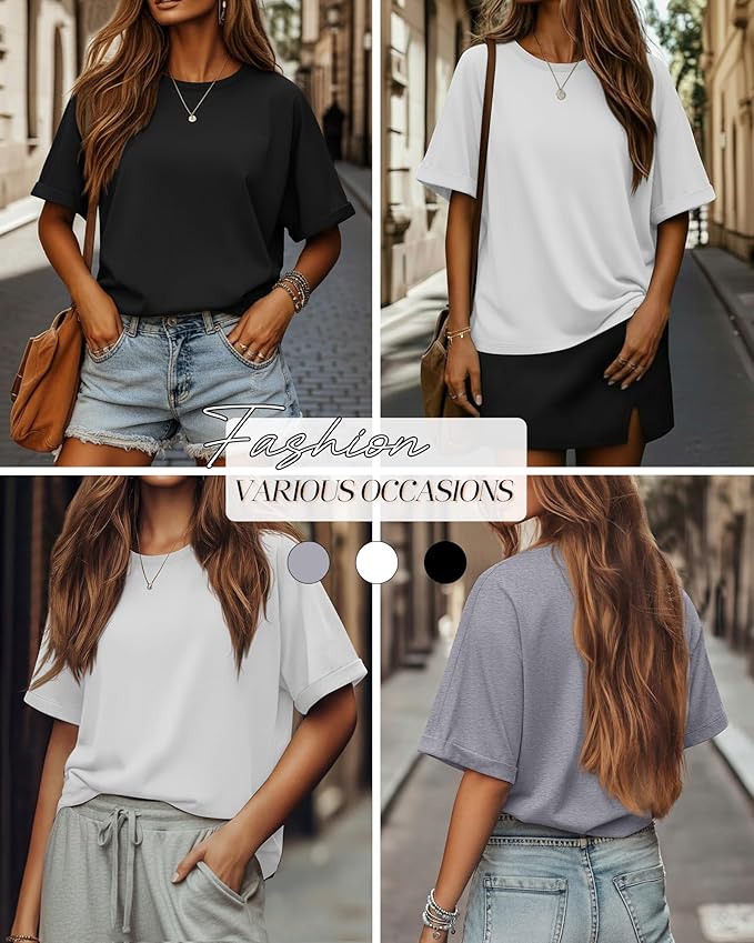 Riyiper 3 Pack Women's Oversized T-Shirt Half Sleeve Summer Tees Casual Loose Fit Crew Neck Basic Tops